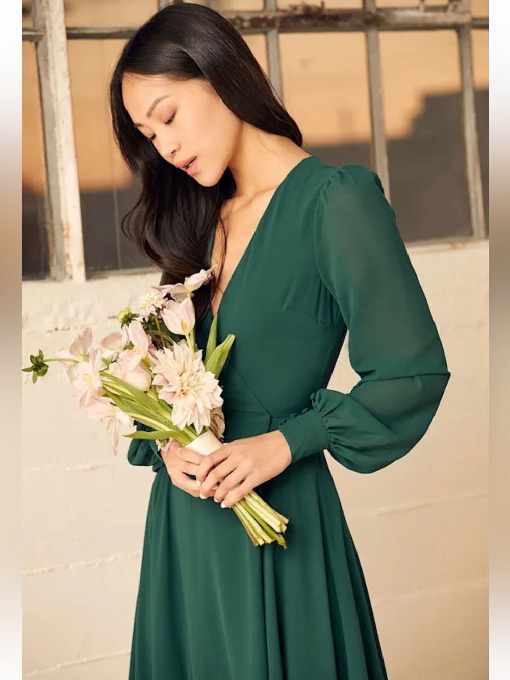 Lulus My Whole Heart Emerald Green Long Sleeve Wrap Dress. Size L - Picture 2 of 10